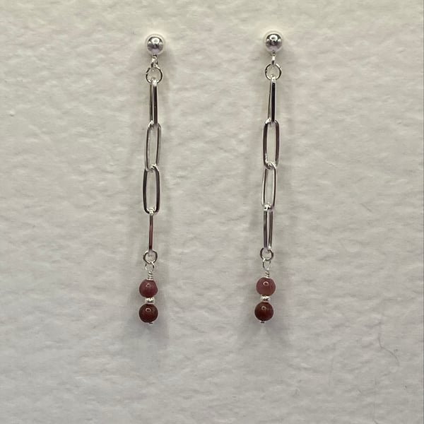 Paperclip chain drop earrings with pink and plum tourmaline stones