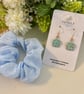 Blue Floral Drop Earrings with Matching Scrunchie Gift Set