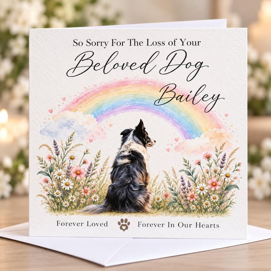 Personalised Border Collie Dog Loss Card, Pet Sympathy Card, Rainbow Bridge Card