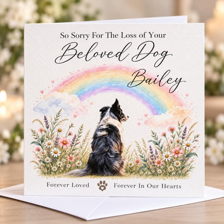 Personalised Border Collie Dog Loss Card, Pet Sympathy Card, Rainbow Bridge Card