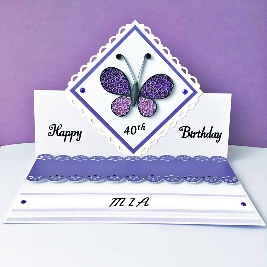 Birthday easel card - quilled butterfly - personalised