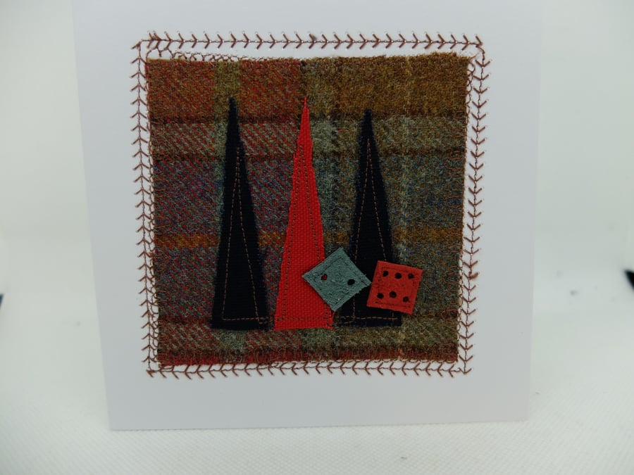 Backgammon design greetings card, tweed with applique fabric and suede