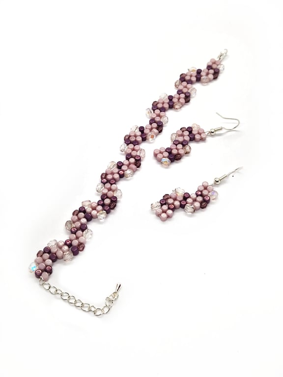 Pink purple and silver  wavy pebble bracelet and earrings set