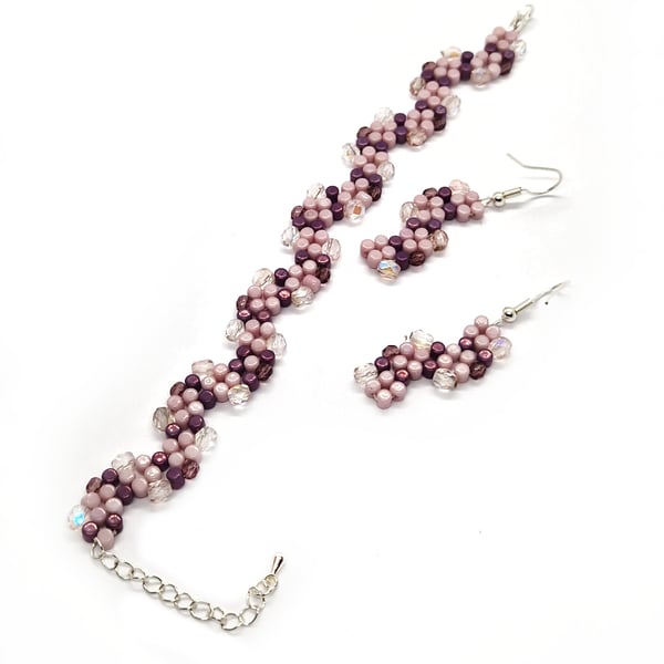 Pink purple and silver  wavy pebble bracelet and earrings set