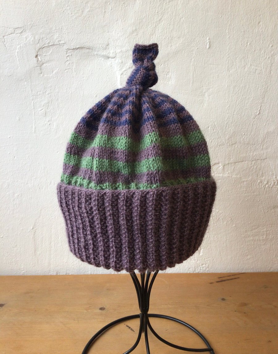 Purple and Green Striped Wool Bobble Hat
