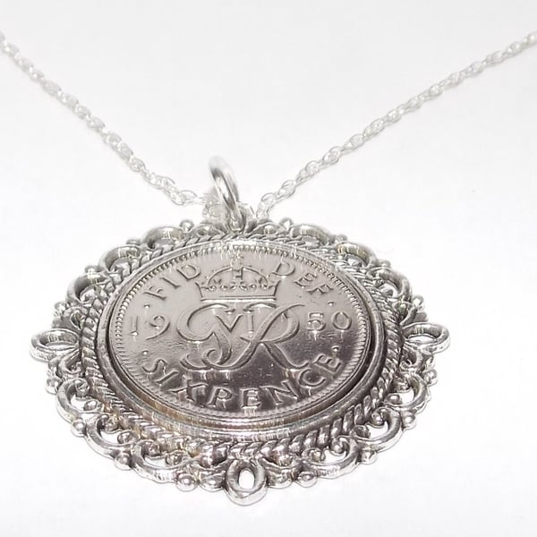 Fancy Pendant 1950 Lucky sixpence 70th Birthday plus a Sterling Silver 20in Chai