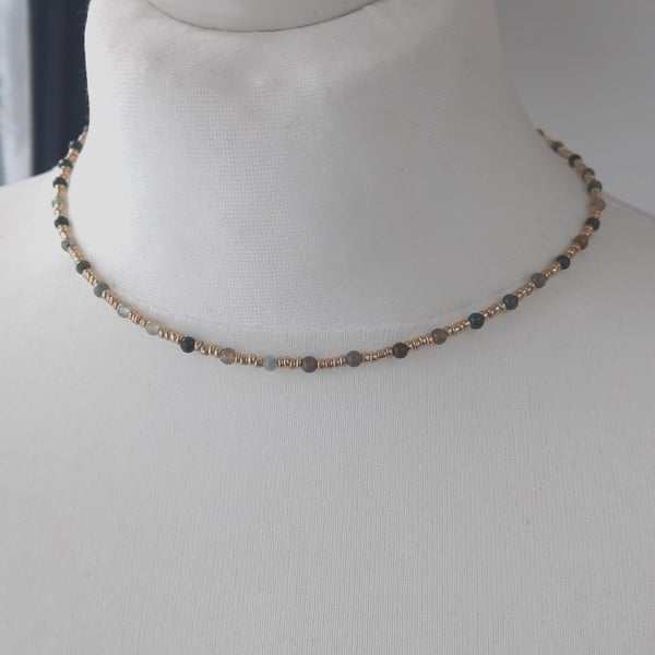 Indian agate and gold glass beaded necklace, 16 to 18 inches