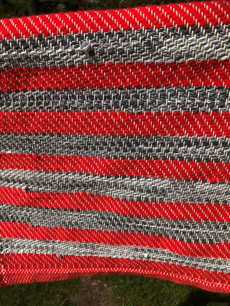 Short Grey and Red Stripe Rag Rug 