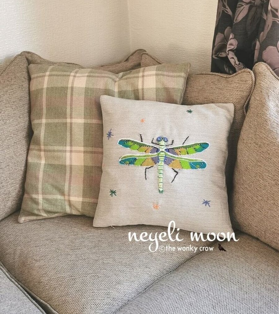 Dragonfly Needle felt embroidery cushion cover OOAK