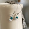 Tiny silver star and teal bead half-hoop earrings, sterling silver hoops