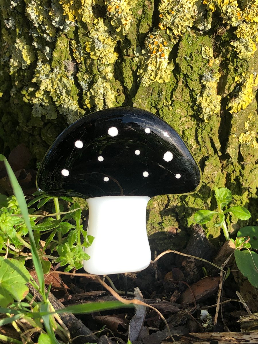 Black glass mushroom decoration  fairy house garden or plant pot stake 