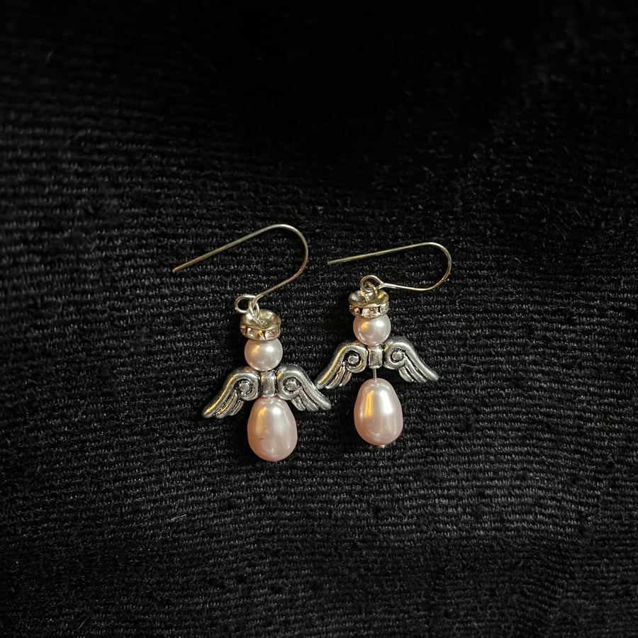 Hand Beaded Angel Earrings: Pink and Silver Swarovski Crystal and Pearl 