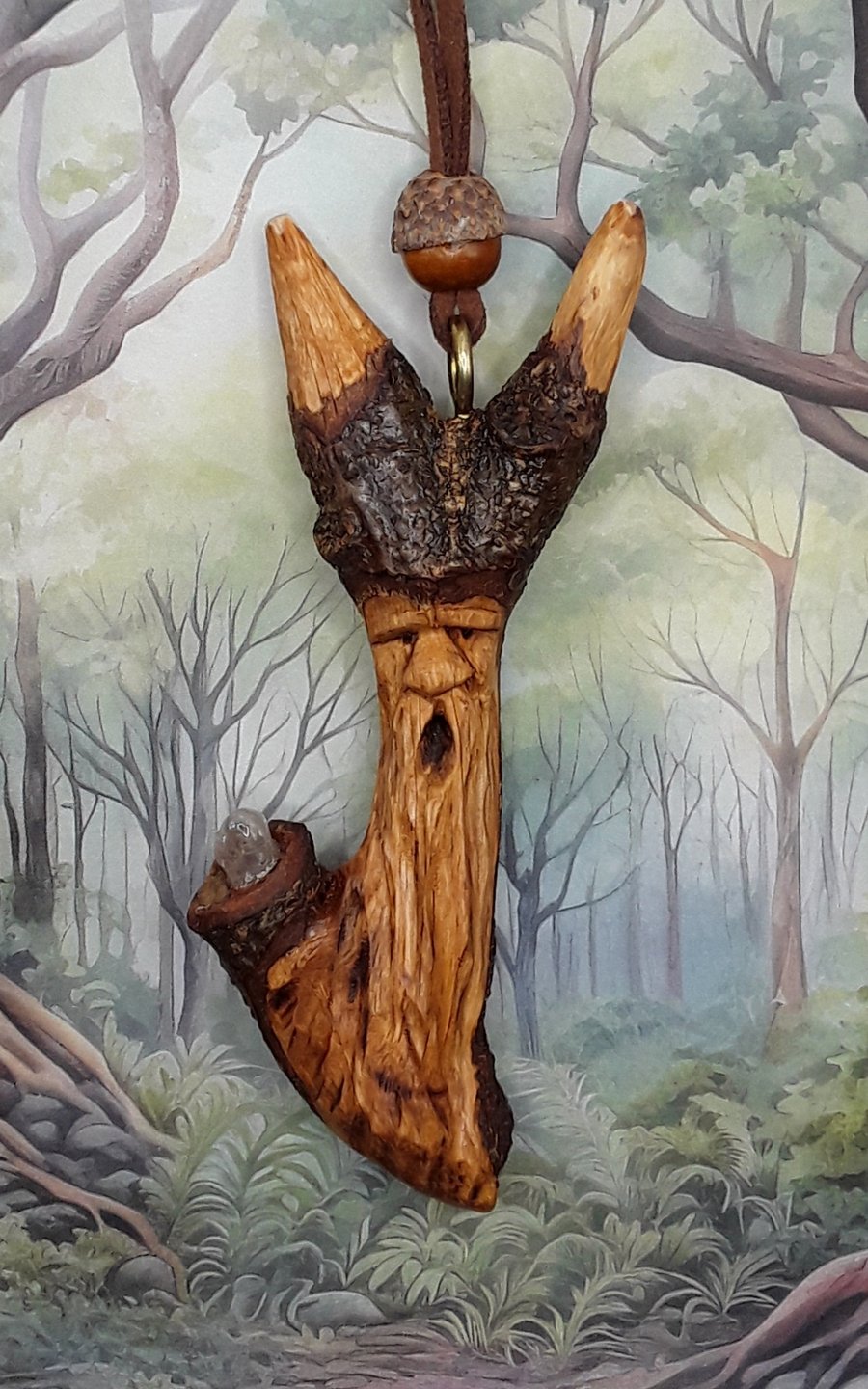 Hand Carved Oak Tree Spirit Necklace 