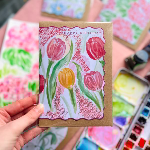 Modern Spring Tulip Birthday Card, Spring Birthdays, April Flowers!