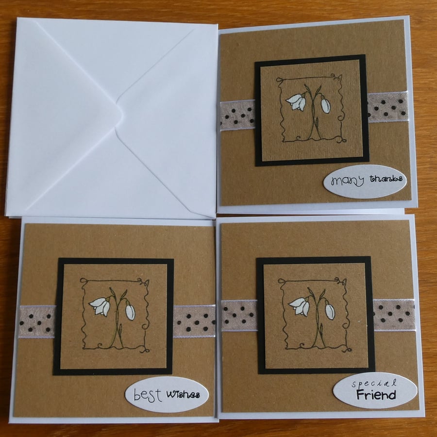 Pack of 3 Snowdrop Mini Cards, Special Friend, Best Wishes, Many Thanks