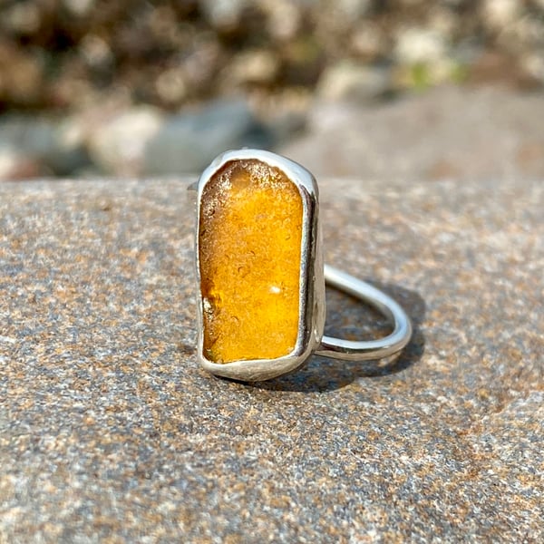 Honey Brown Twist Sea Glass and Sterling Silver Ring- Size P - 1334