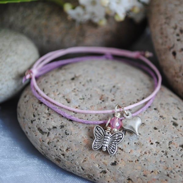 Friendship Bracelets-TWO Violet & silver butterfly and pink