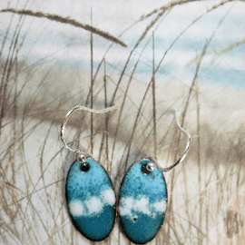Turquoise and white oval earrings in enamelled copper 274