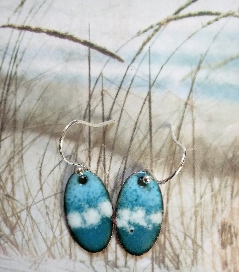 Turquoise and white oval earrings in enamelled copper 274
