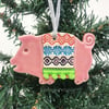 Ceramic Pig In Blanket decoration Pottery Christmas decoration green trim