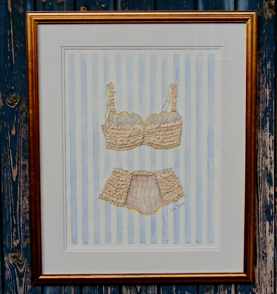 Cream bra and knickers painting with ribboned layers and blue striped background