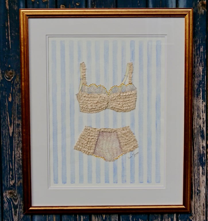 Cream bra and knickers painting with ribboned layers and blue striped background