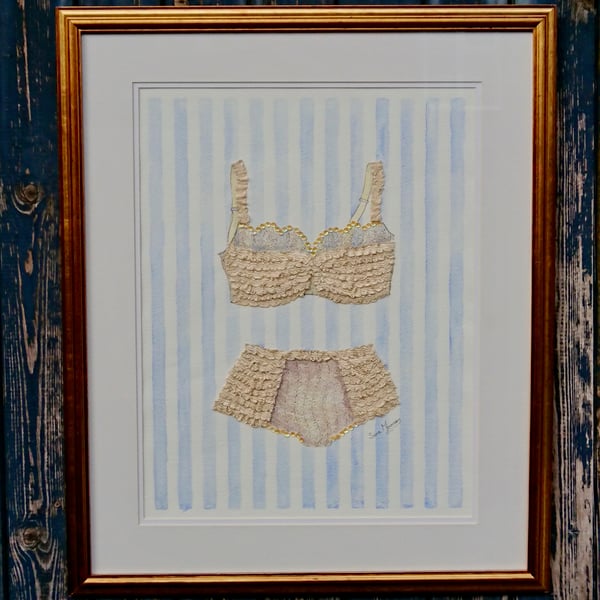 Cream bra and knickers painting with ribboned layers and blue striped background