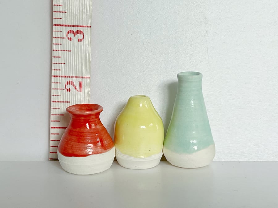 Set of 3 tiny miniature pottery nanopots - red yellow and blue