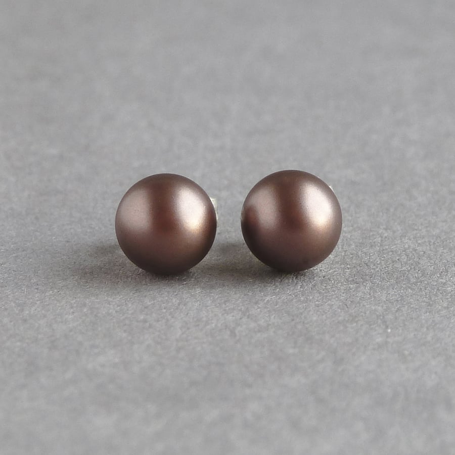 6mm Velvet Brown Pearl Stud Earrings - Small Round Dark Chocolate Brown Studs