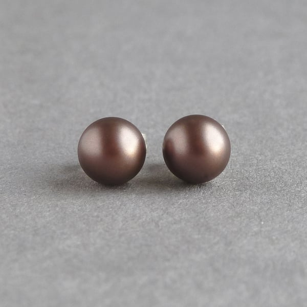 6mm Velvet Brown Pearl Stud Earrings - Small Round Dark Chocolate Brown Studs