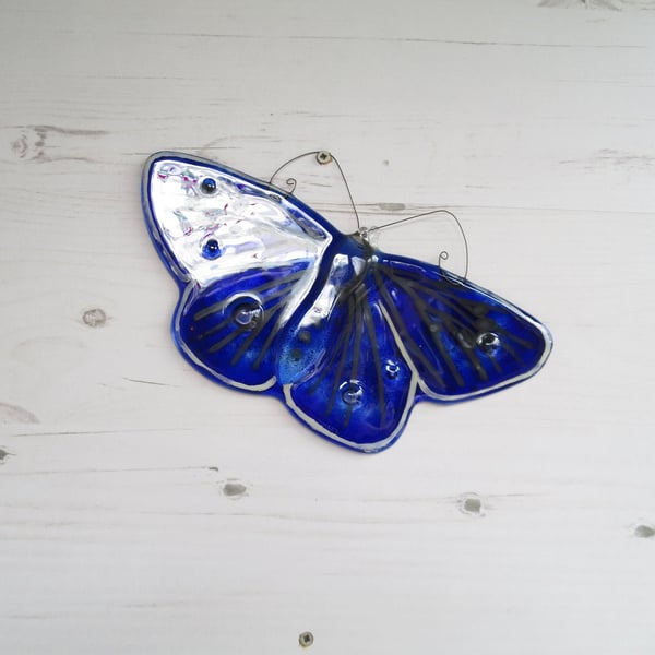 Bright Blue Butterfly Window Hanging - Fused Glass Sun Catcher - Garden or Wall