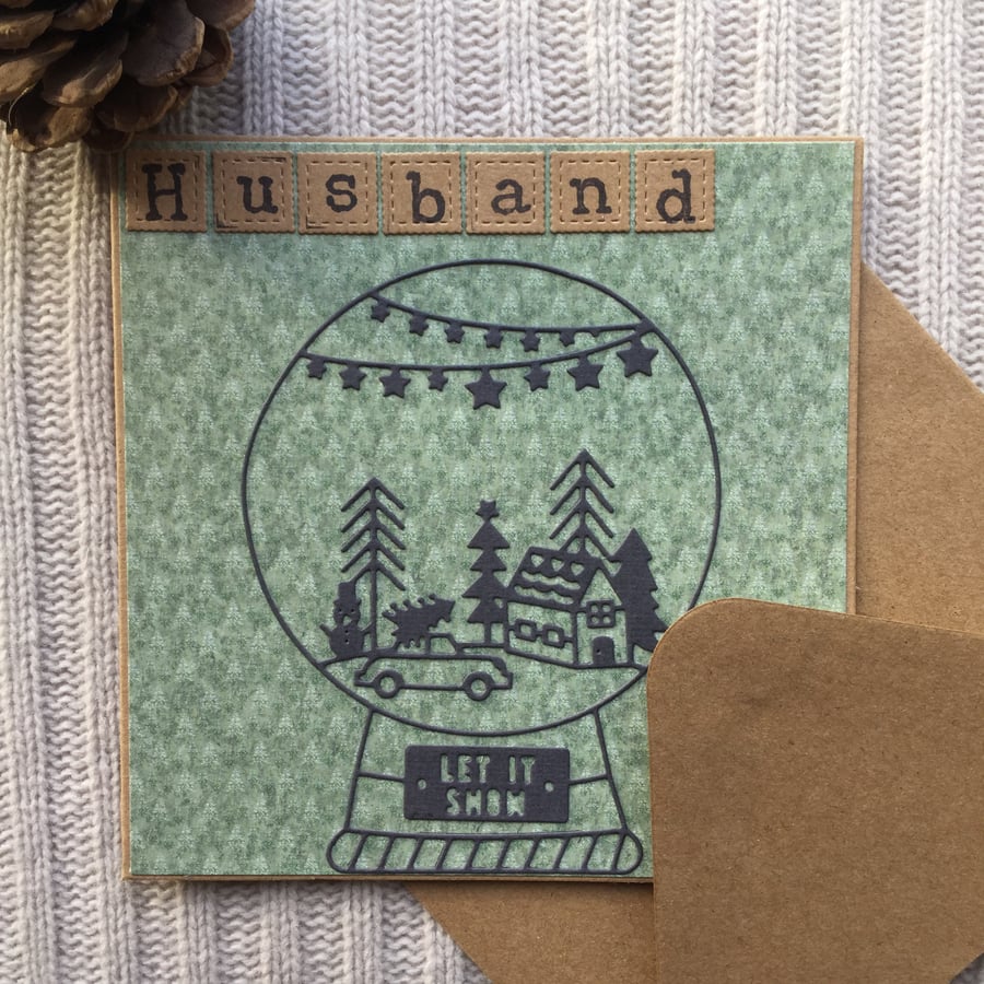 Sale - Husband Christmas card snow globe hand stamped 