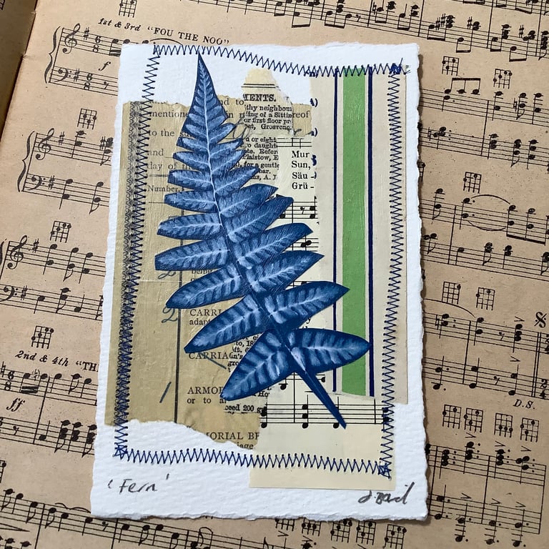 Nature inspired cyanotype. Ferns. Beech. Plants. Art. Original