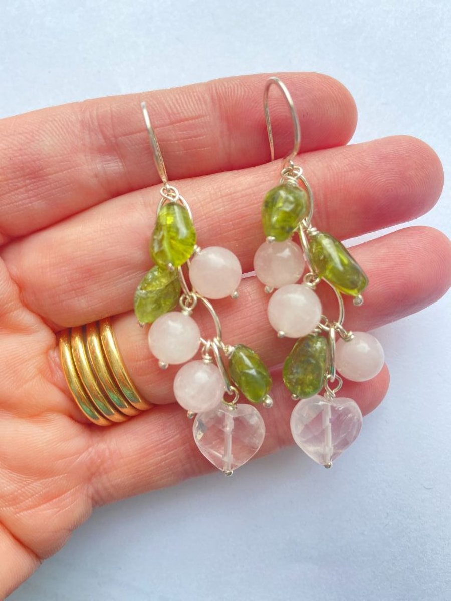 Peridot and Rose Quartz Heart Cluster Earrings