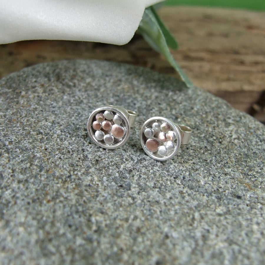 Sterling Silver Bubbles Earrings 8mm Silver Studs with Copper Accents