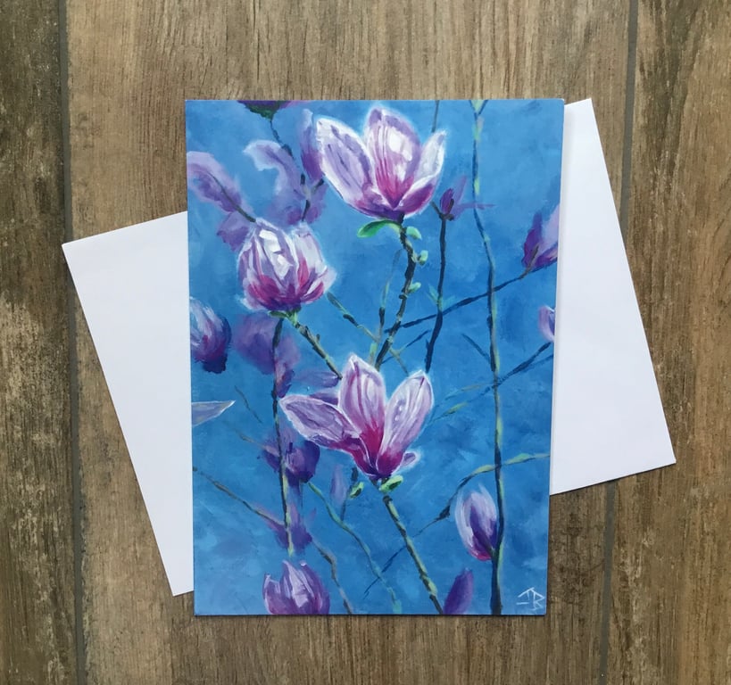Large magnolia blossom greeting card by UK artist Janet Bird