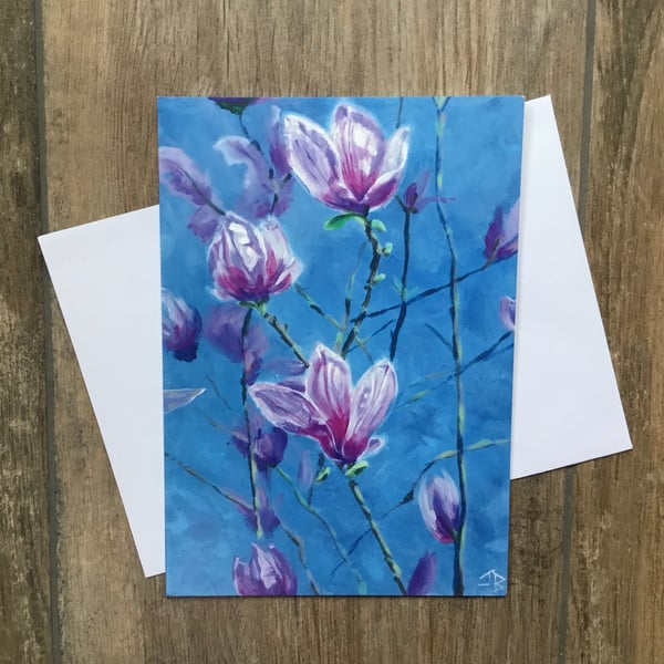 Large magnolia blossom greeting card by UK artist Janet Bird
