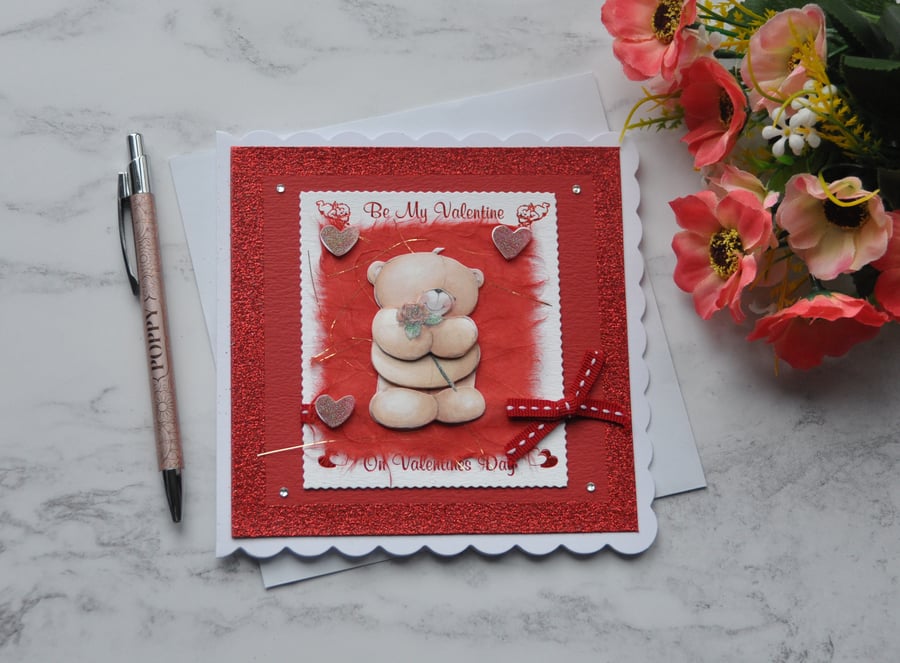 Be My Valentine's Day Rose Hearts Teddy Bear Free Post 3D Luxury Handmade Card