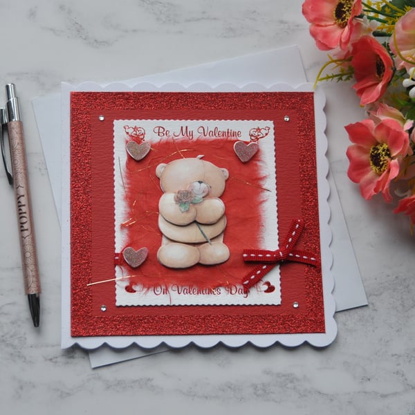 Be My Valentine's Day Rose Hearts Teddy Bear Free Post 3D Luxury Handmade Card