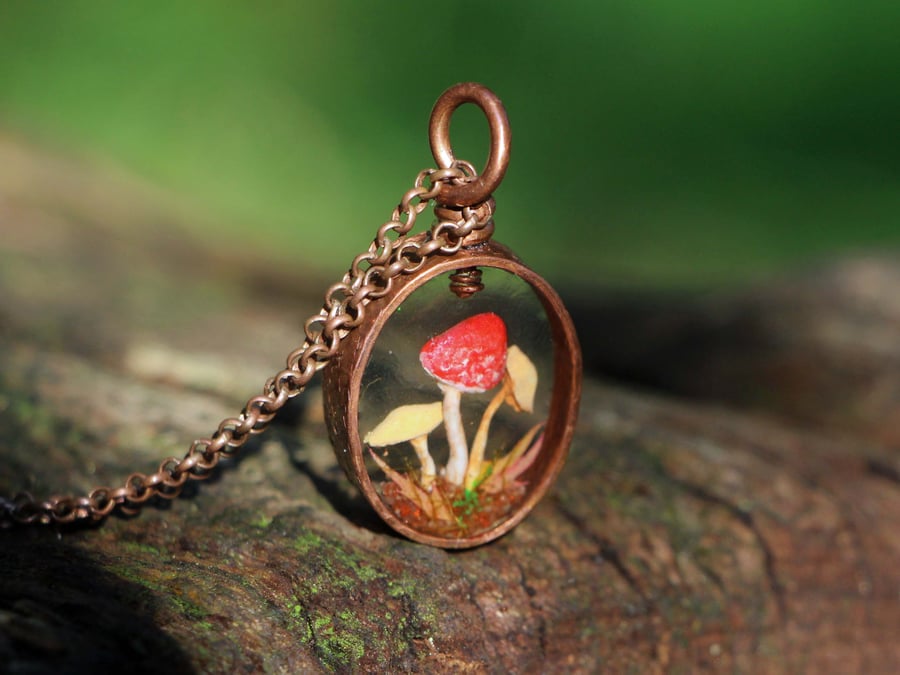 Copper Oval Pendant Polymer Clay Autumn Mushrooms Resin Necklace