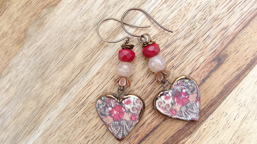Heart Earrings, Ceramic Earrings, Czech Glass Earrings, Floral Earrings. Rose.