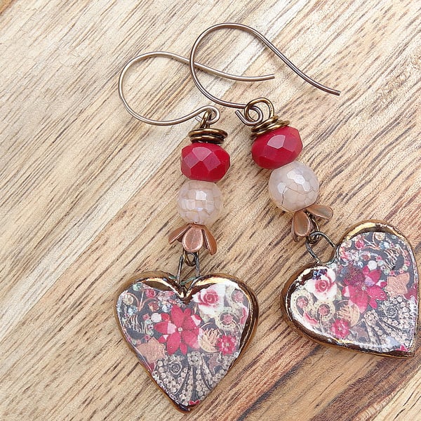 Heart Earrings, Ceramic Earrings, Czech Glass Earrings, Floral Earrings. Rose.