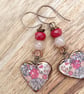 Heart Earrings, Ceramic Earrings, Czech Glass Earrings, Floral Earrings.