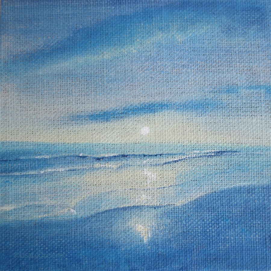 Escape mini beach seascape moonrise painting on linen board miniature art