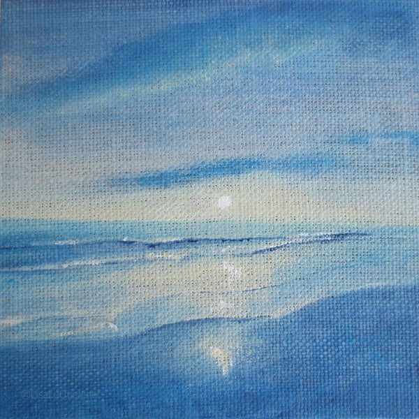 Escape mini beach seascape moonrise painting on linen board miniature art