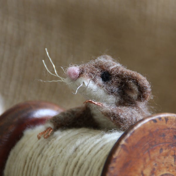 Clambering Mill Mouse - needle felted mouse sculpture with vintage wooden bobbin