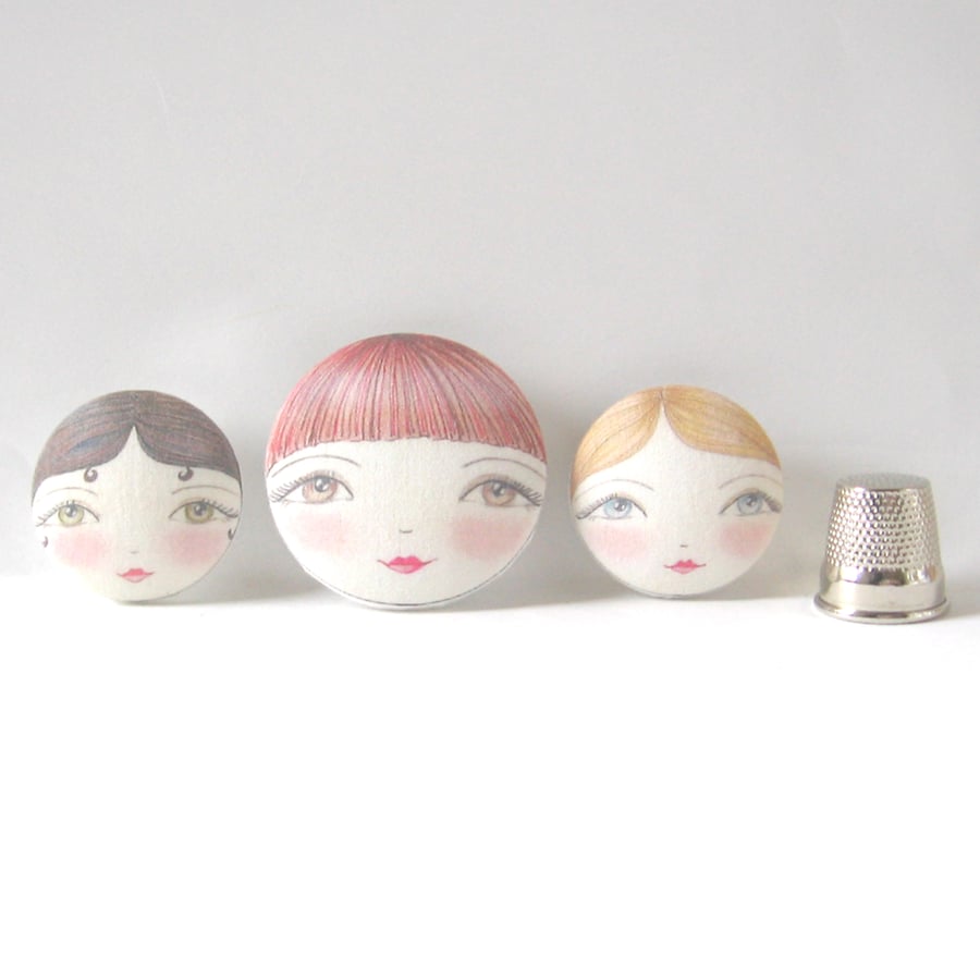 Fabric Covered buttons - Original Design Doll Face Covered Buttons (Set of 3) 