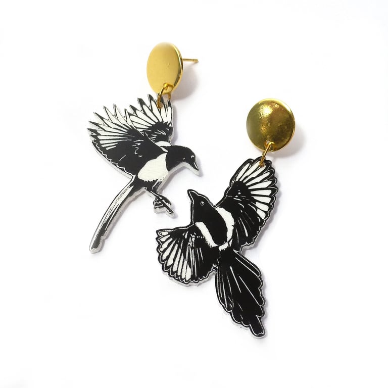 Two for joy magpie earrings on gold plated studs, laser engraved and lightweight
