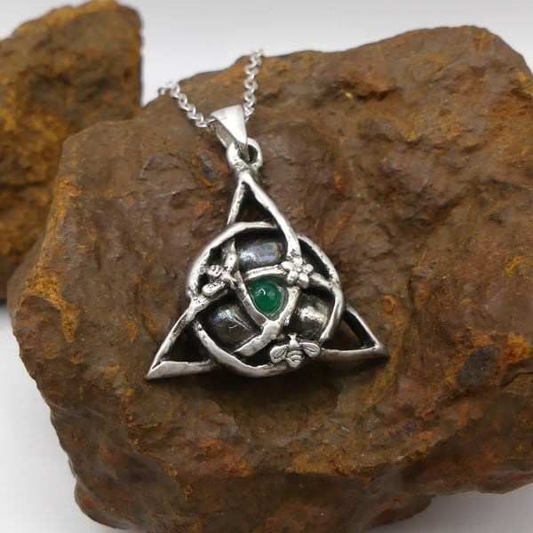 Sterling Silver Triquetra and Bees with Green Onyx Gemstone Pendant Necklace.