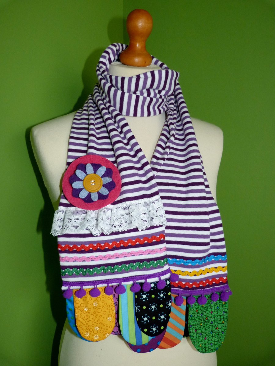  Upcycled Cotton Jersey Striped Scarf with Colourful Embellishments. Purple.